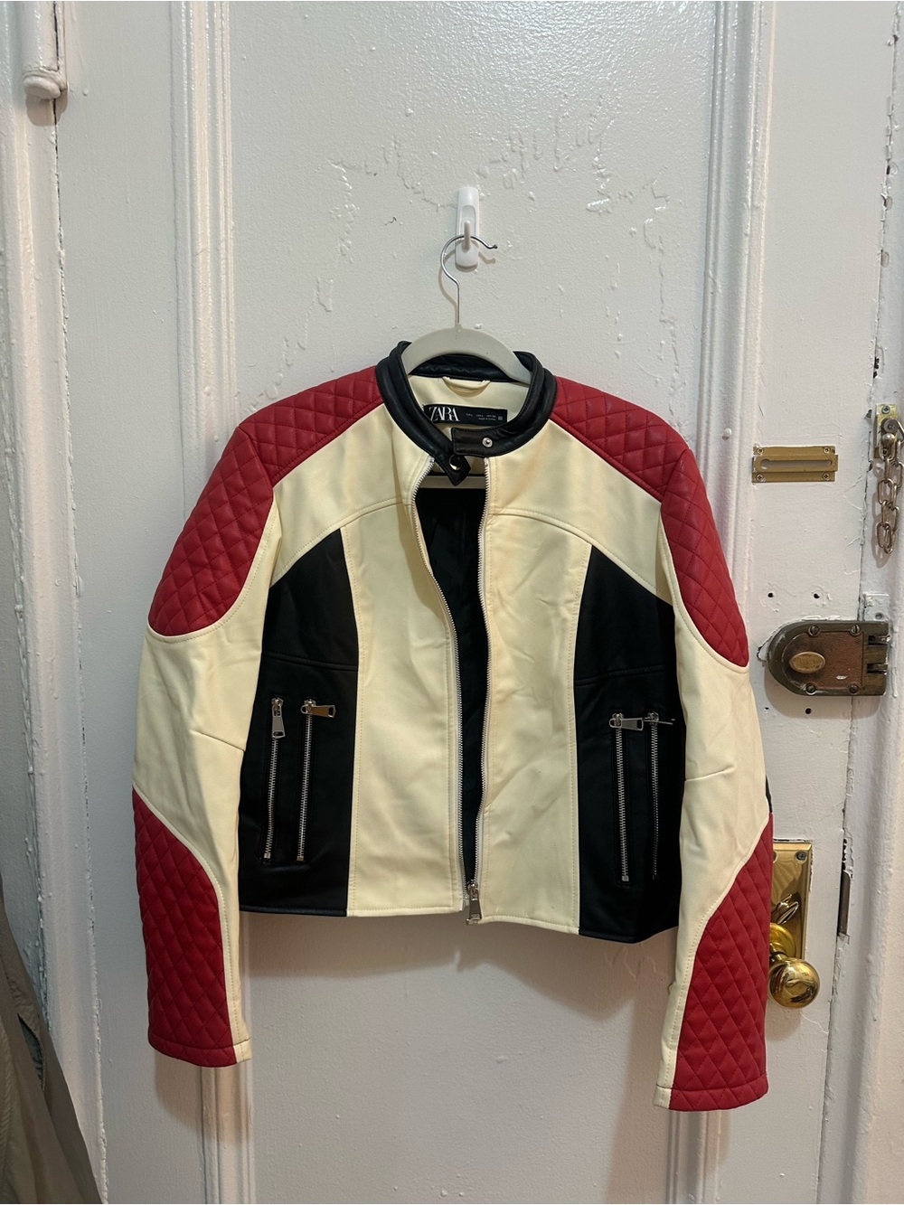 ZARA Cream, Black & Red Quilted Leather Moto Jacket